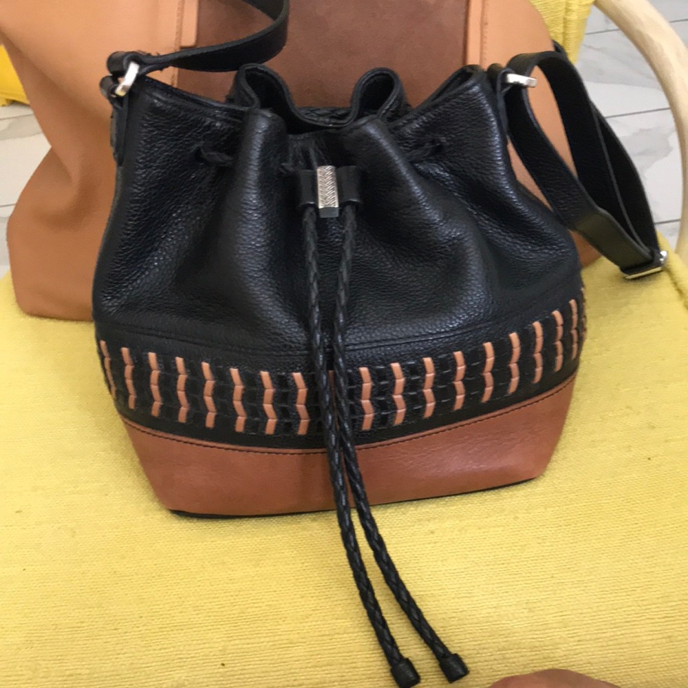 Black & Brown Leather Drawstring Bucket Bag - Unbranded
